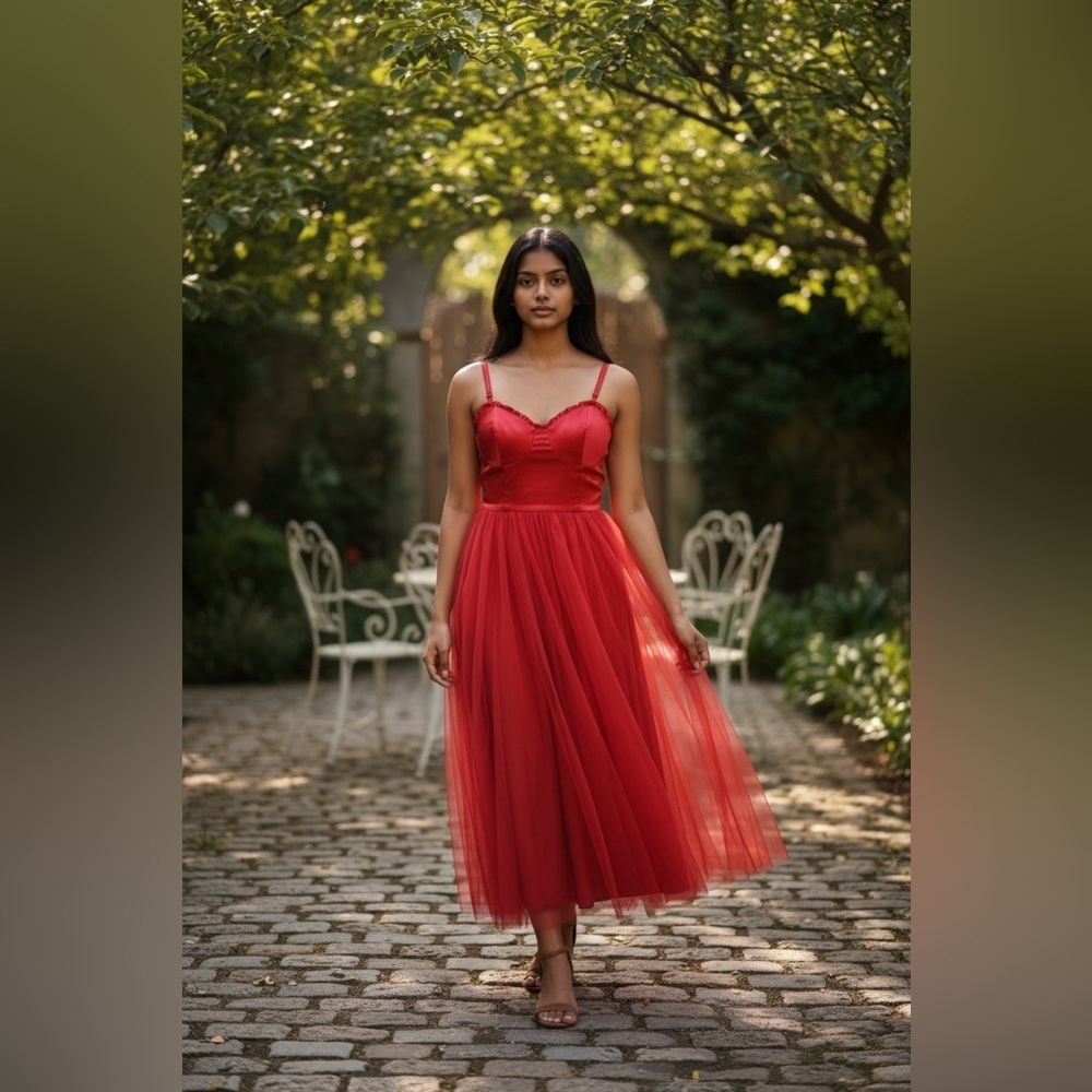 Mi Ami Red Tulle Midi Dress S Romantic Fairy Coquette Party Dress NWT